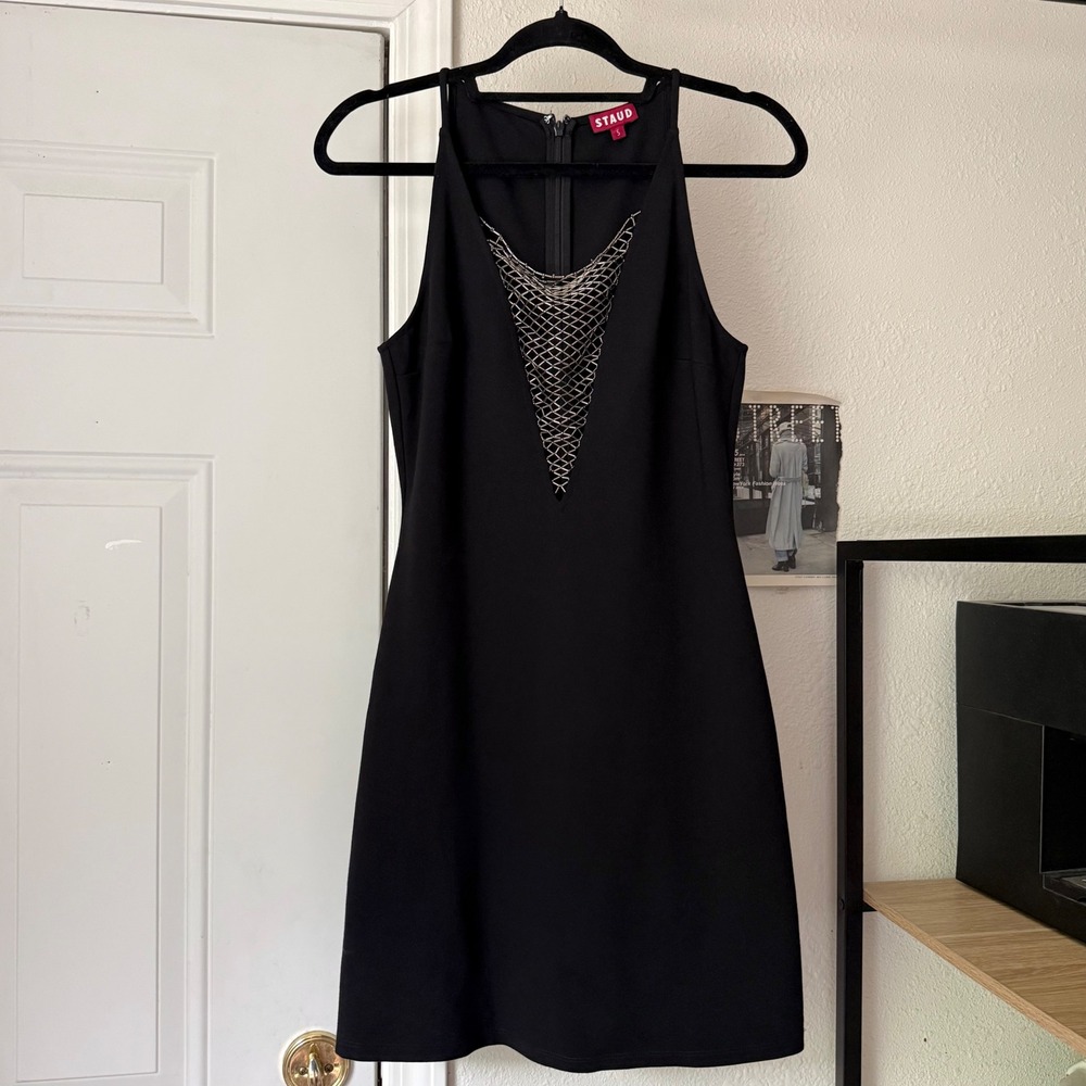 STAUD black v-neck chain metal silver hardware beaded sleeveless mini dress